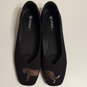 VIVAIA Black Knit Ballet Flats with Leopard Motif